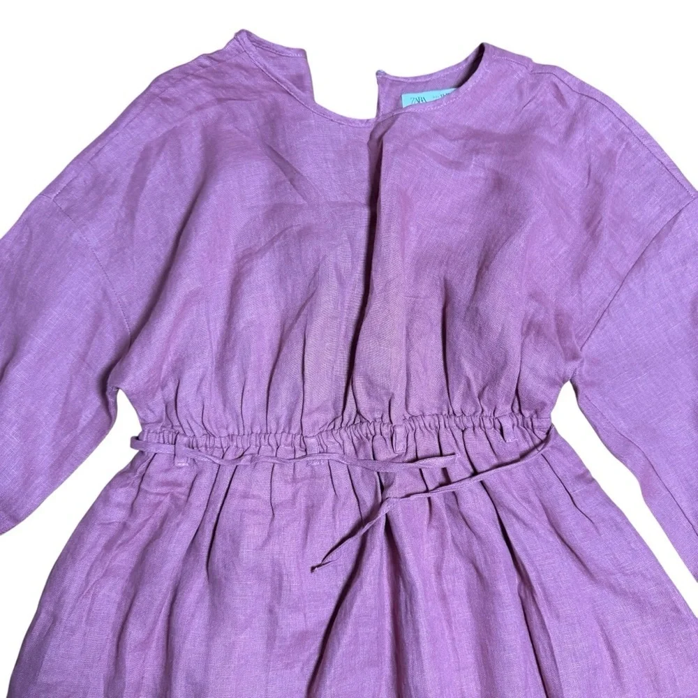 Zara Kids Girls Cut Out Belted Long Sleeve Linen Dress in Dark Pink- Size 11-12Y